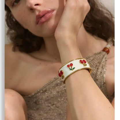 18K Gold Plated 64mm Stainless Steel White Enamel Cherry Cuff Bracelet - Jewelry Gift Ideas