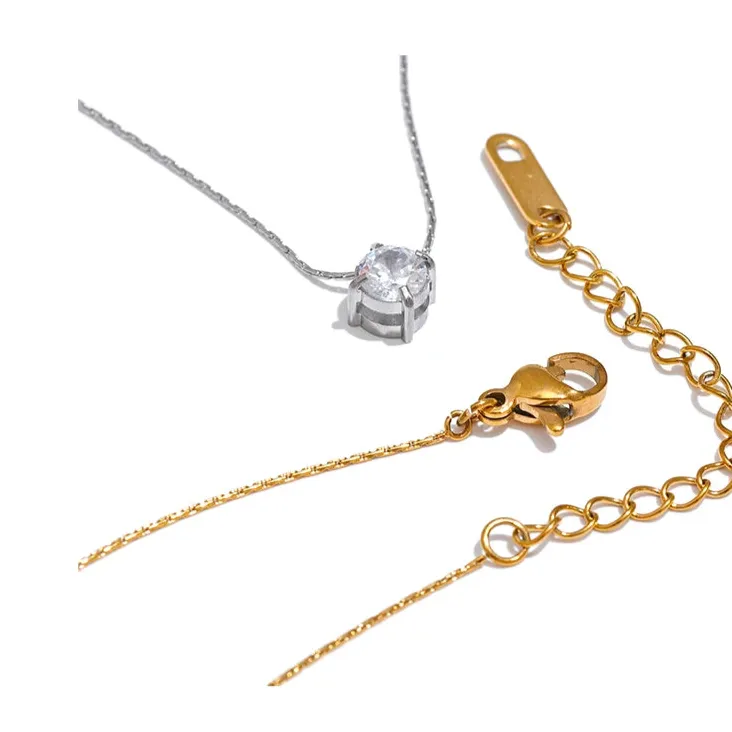 Chic Cubic Zirconia Pendant Necklace – Gold Stainless Steel Daily Jewelry