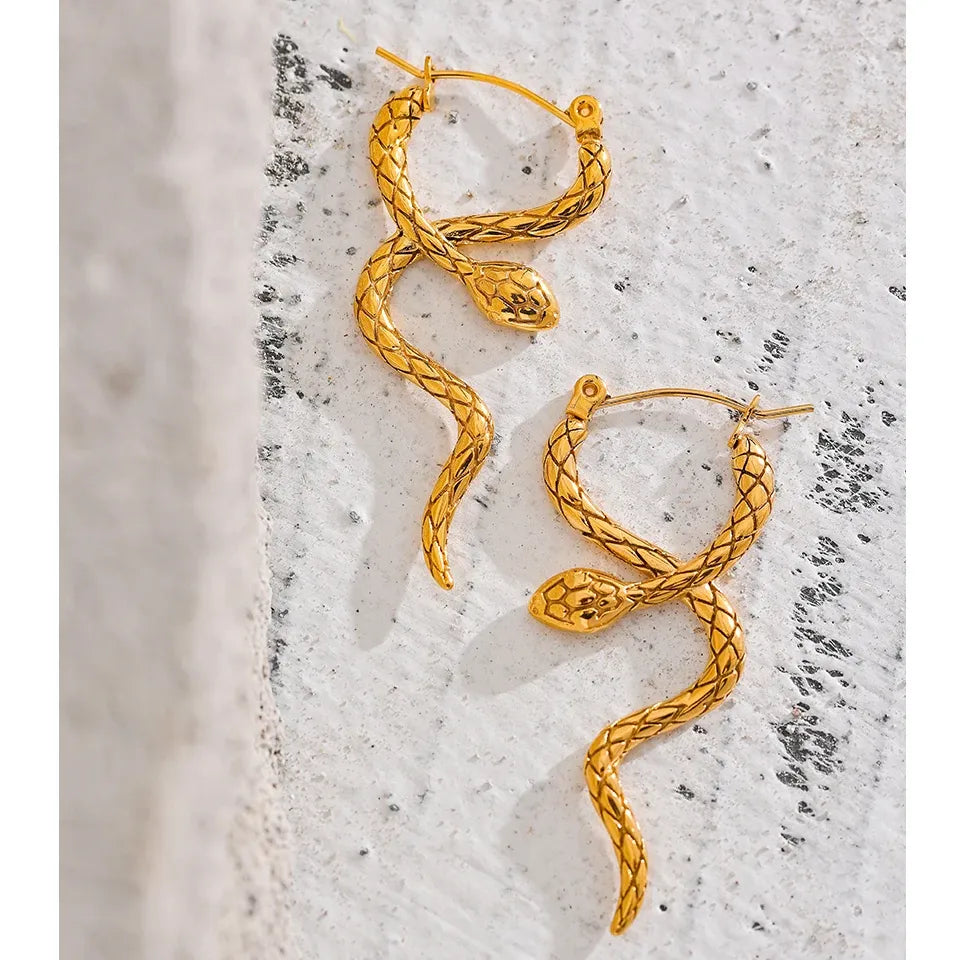 Stylish Unique Stainless Steel Snake Hoop Earrings - 18K PVD Gold Waterproof Jewelry