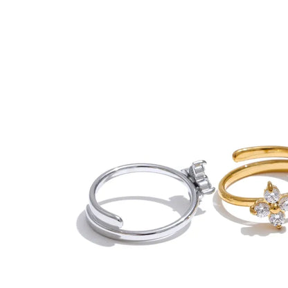 Luxe Jewels Stainless Steel Zirconia Flower Adjustable Ring – PVD Gold Plated Jewelry