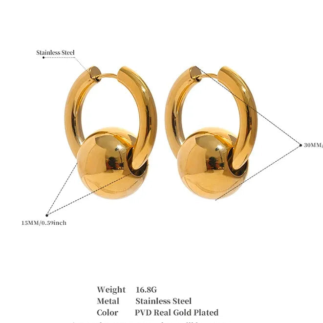 316L Stainless Steel Metal Round Ball Hoop Earrings Waterproof 18K Gold PVD Plated Charm Jewelry