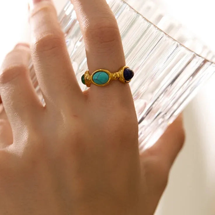 Luxe Jewels Natural Stone Vintage Charm Ring – 18K Gold Plated Stainless Steel Fashion Jewelry for Women