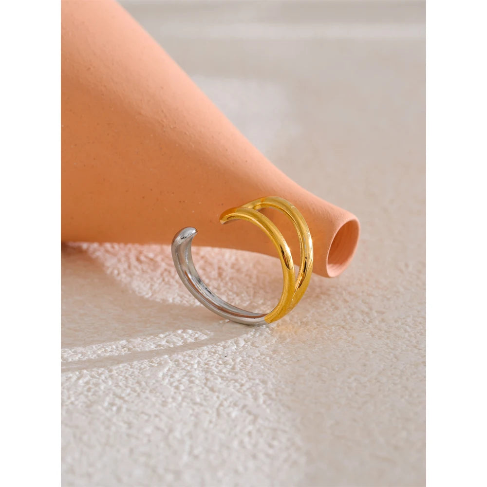 Luxe Jewels Adjustable Double Color Stainless Steel Ring - 18K Gold Plated Waterproof Jewelry