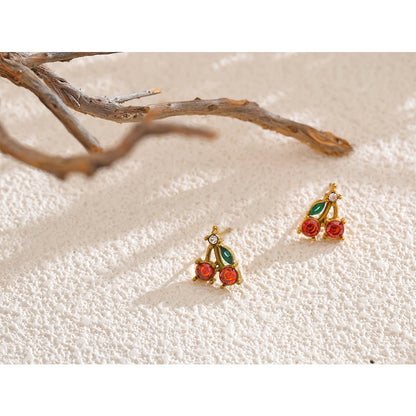 Red Cubic Zirconia Cherry Fruit Stud Earrings for Women Stainless Steel Waterproof Jewelry