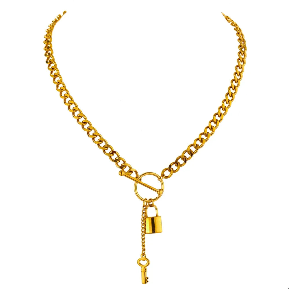 Lock Pendant Necklace – 18K Gold Plated Punk Style Chain Jewelry