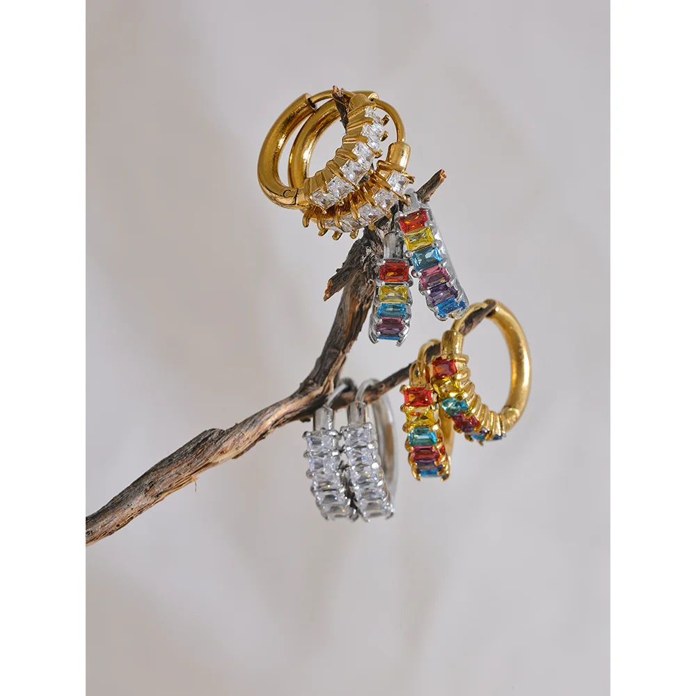 Colorful White Cubic Zirconia Stainless Steel Round Rainbow Bling Hoop Earrings for Women High Quality Jewelry