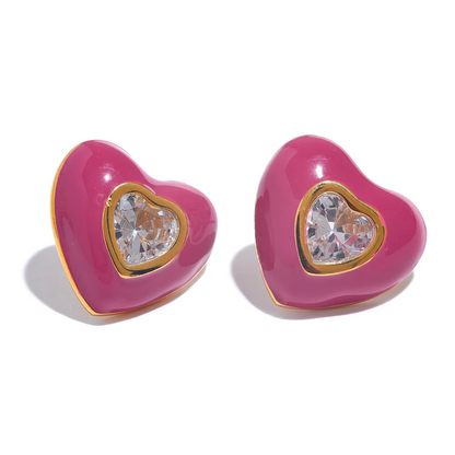 Elegant Colorful Heart Enamel Stud Earrings with CZ – Chic Jewelry