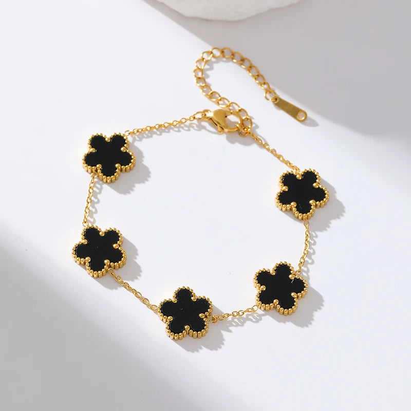 Black Clover Flower Bracelet – Stainless Steel Charm Jewelry