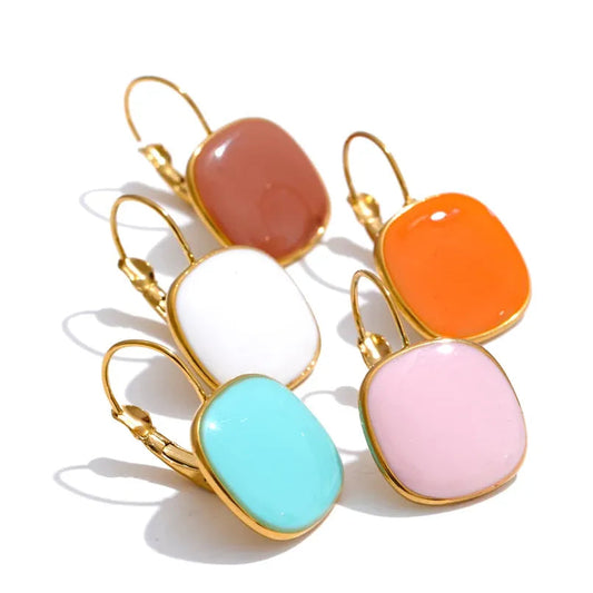 Joyful Candy Multicolored Enamel Square Hoop Earrings 18K Golden Plated Waterproof Stainless Steel Spring Summer Jewelry