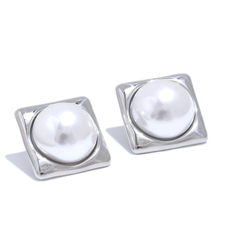 Elegant Square Pearl Stud Earrings – 316L Gold Plated