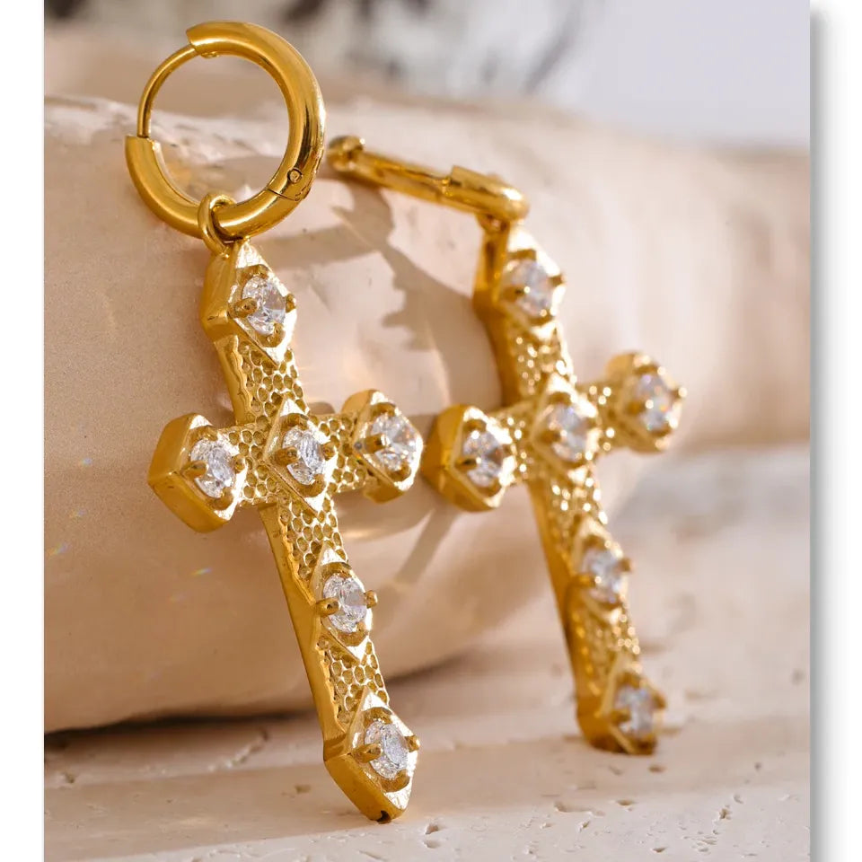 Bling Cubic Zirconia Classic Cross Drop Hoop Earrings 18K Gold Color PVD Plated Stainless Steel Exquisite Jewelry