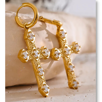Bling Cubic Zirconia Classic Cross Drop Hoop Earrings 18K Gold Color PVD Plated Stainless Steel Exquisite Jewelry