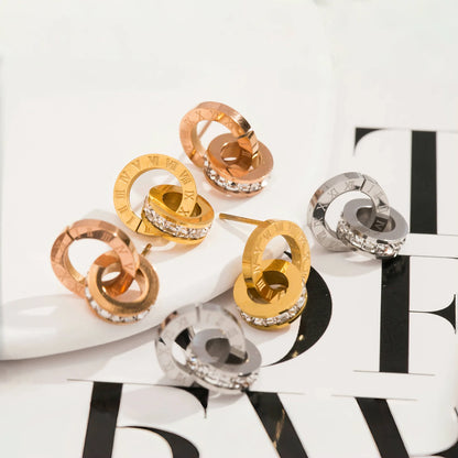 Classics Round Earrings for Women - Roman Numerals Stainless Steel Gold Plated Earring Vintage Jewelry