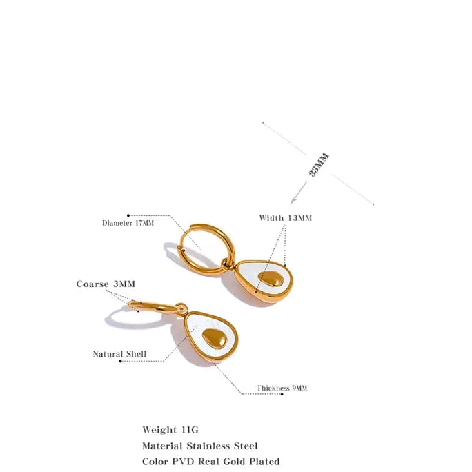 Golden Avocado Drop Stainless Steel Fruit Huggie Hoop Earrings for Women Natural Shell Fashion Charm Cute Jewelry