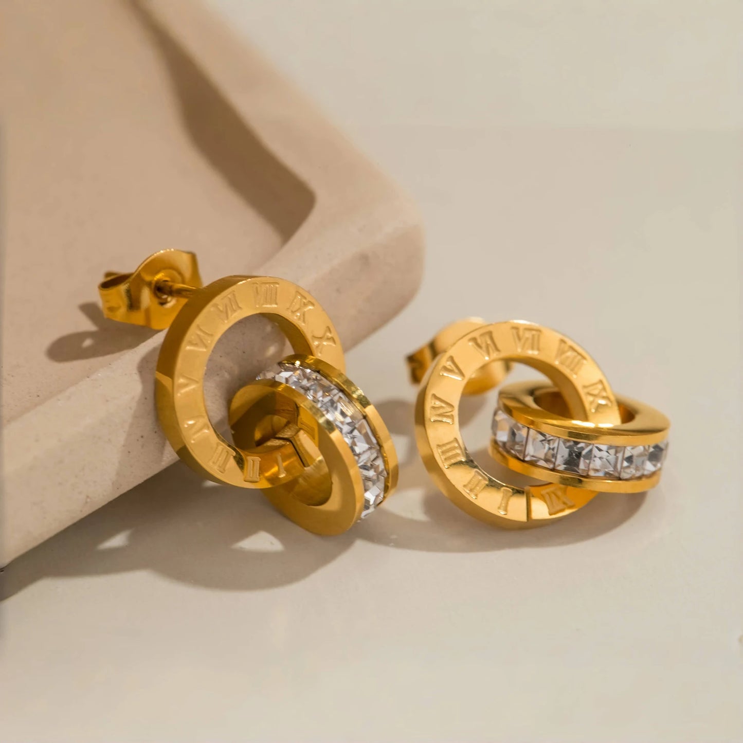 Classics Round Earrings for Women - Roman Numerals Stainless Steel Gold Plated Earring Vintage Jewelry