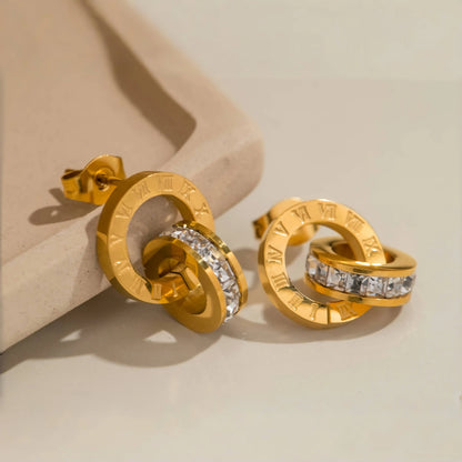 Classics Round Earrings for Women - Roman Numerals Stainless Steel Gold Plated Earring Vintage Jewelry