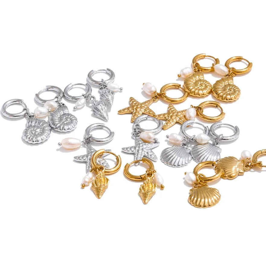 Ocean Theme Natural Pearl Conch Shell Starfish Drop Summer Hoop Earrings for Women Stainless Steel Holiday Daily Jewelry