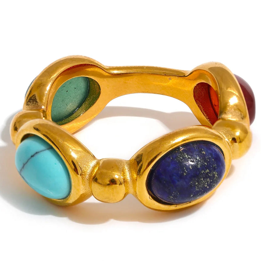 Luxe Jewels Natural Stone Vintage Charm Ring – 18K Gold Plated Stainless Steel Fashion Jewelry for Women