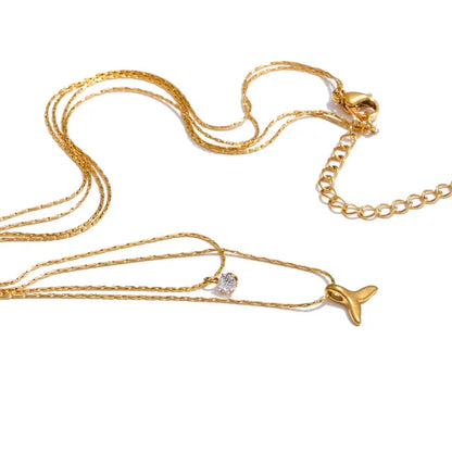 Elegant Double Layer Fishtail Necklace with Zircon Pendant – Gold Plated