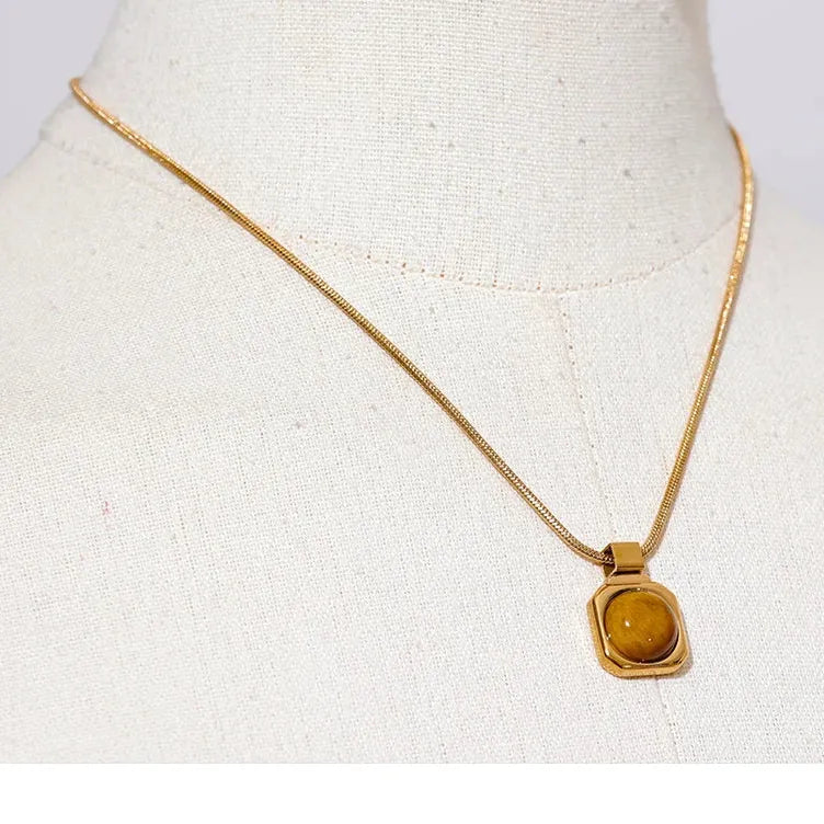 Natural Tiger Eye Gemstone Necklace – Square Pendant in Gold