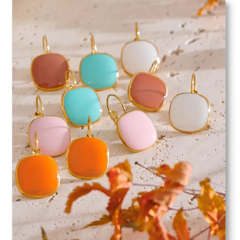 Joyful Candy Multicolored Enamel Square Hoop Earrings 18K Golden Plated Waterproof Stainless Steel Spring Summer Jewelry