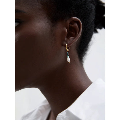 Freshwater Pearl & Stone Drop Hoop Earrings – Gold Plated