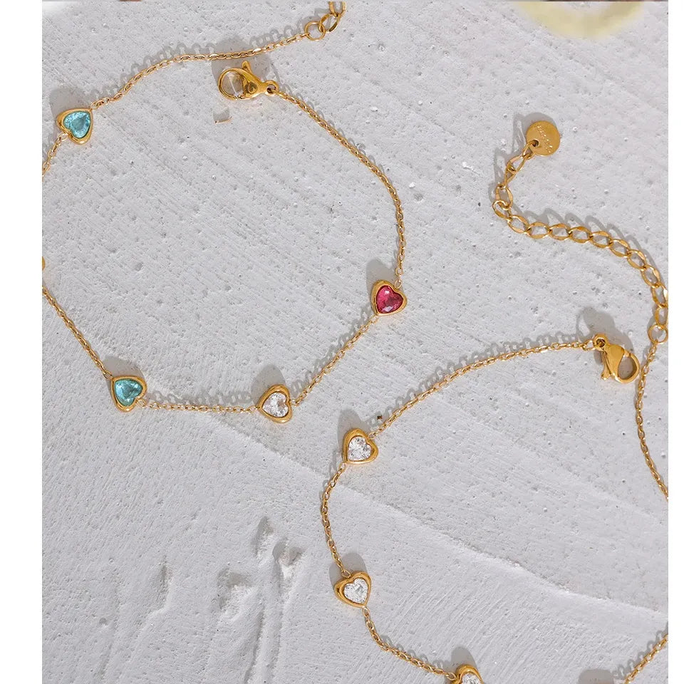 Colorful Heart Zircon Anklet – Gold Plated Stainless Steel