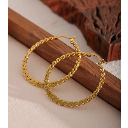 Stainless Steel Twist Golden Big Hoop Earrings Waterproof Metal Unique Trendy Jewelry