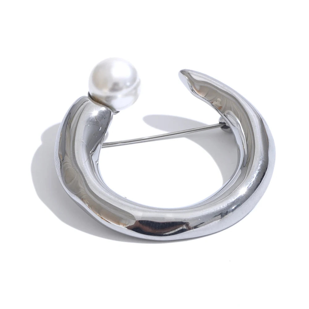 U-Shape Pearl Brooch Pin – Gold Plated Stainless Steel Accessory