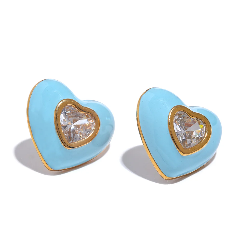 Elegant Colorful Heart Enamel Stud Earrings with CZ – Chic Jewelry