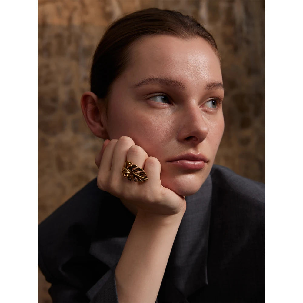 Luxe Jewels Stylish Stainless Steel Metal Leaf Open Ring - 18K Gold Plated Jewelry