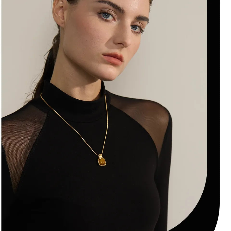 Natural Tiger Eye Gemstone Necklace – Square Pendant in Gold