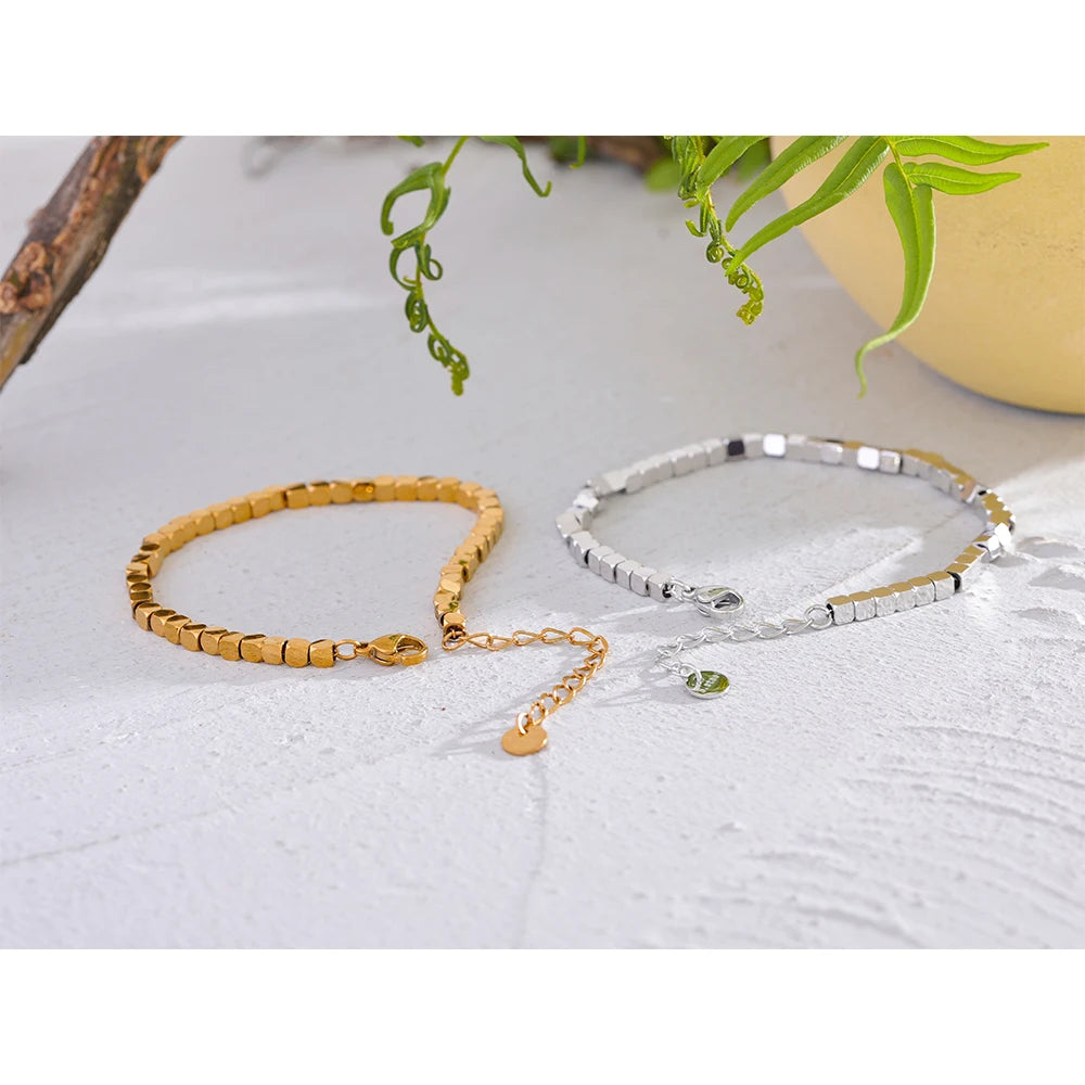 Polished Square Bead Bracelet – Handmade Gold Plated Stainless Steel