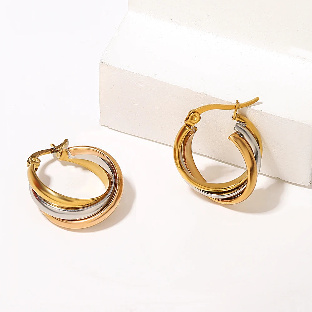 Greatera Trendy Stainless Steel Twisted Tricolor Hoop Earrings for Women Layered Round Circle Metal Earrings Waterproof Jewelry