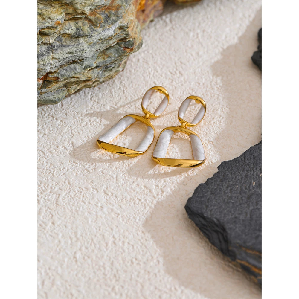 Trendy Stainless Steel White Enamel Rectangular Hollow Drop Earrings 18K Gold Color Plated Jewelry