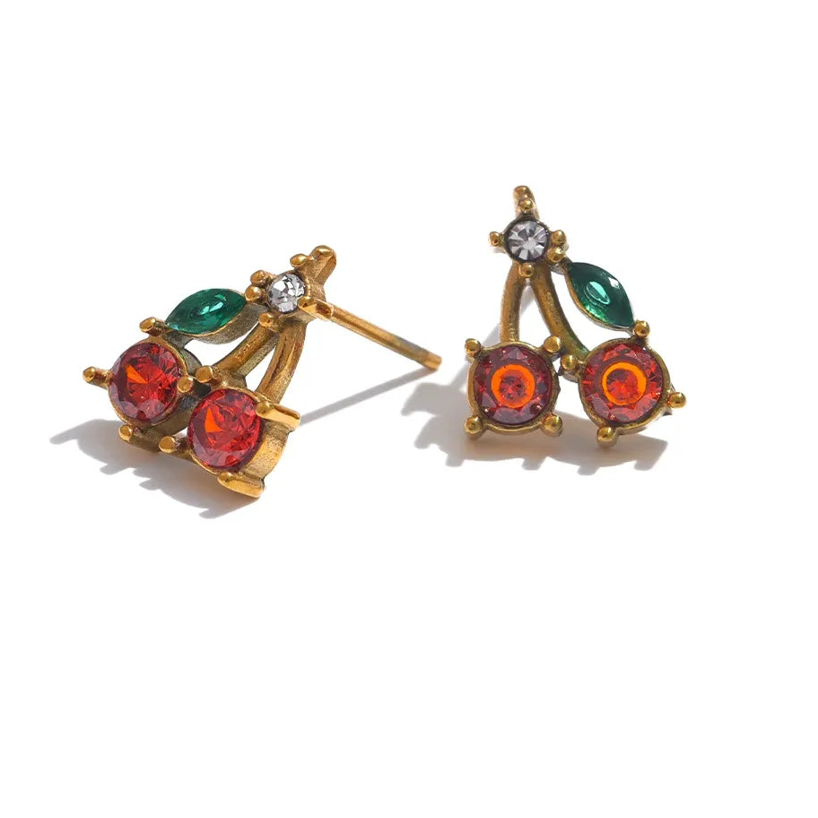 Red Cubic Zirconia Cherry Fruit Stud Earrings for Women Stainless Steel Waterproof Jewelry