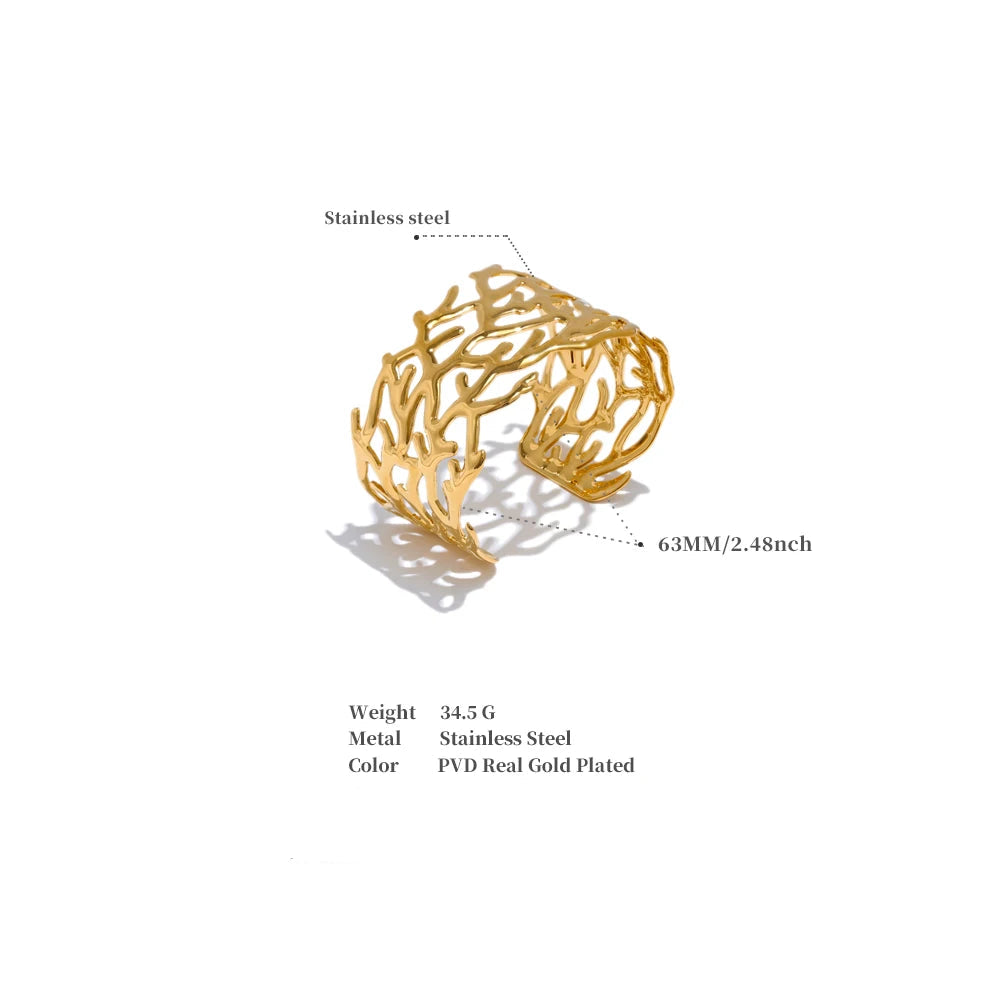 Twig Hollow Wide Cuff – Gold Plated Stainless Steel Statement Bracelet