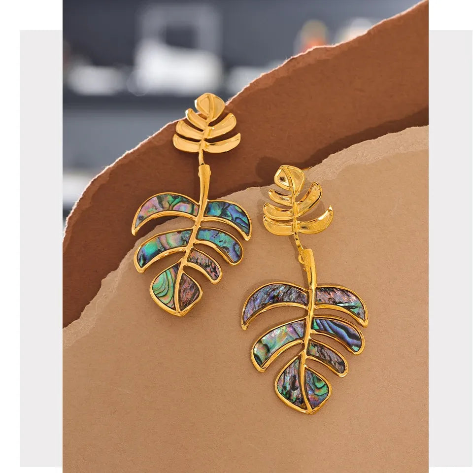 Stainless Steel Big Leaves Drop Dangle Earrings 18k PVD Plated Fashion Summer Jewelry