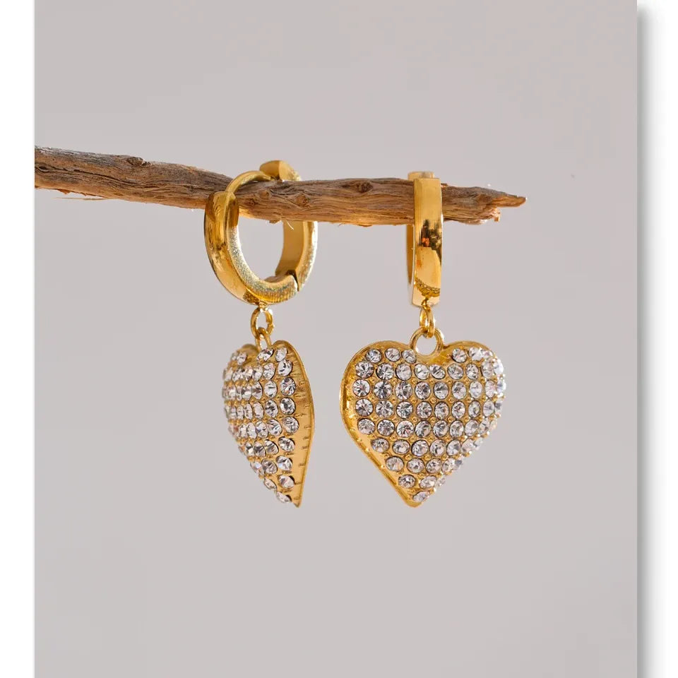 Cubic Zirconia Heart Drop Earrings - 18K Gold Plated Stainless Steel Classic Romantic Daily Wear Jewelry Waterproof