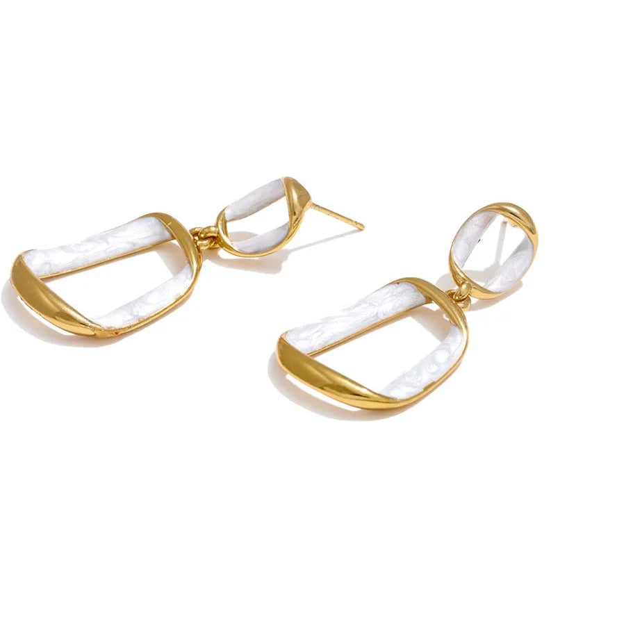 Trendy Stainless Steel White Enamel Rectangular Hollow Drop Earrings 18K Gold Color Plated Jewelry