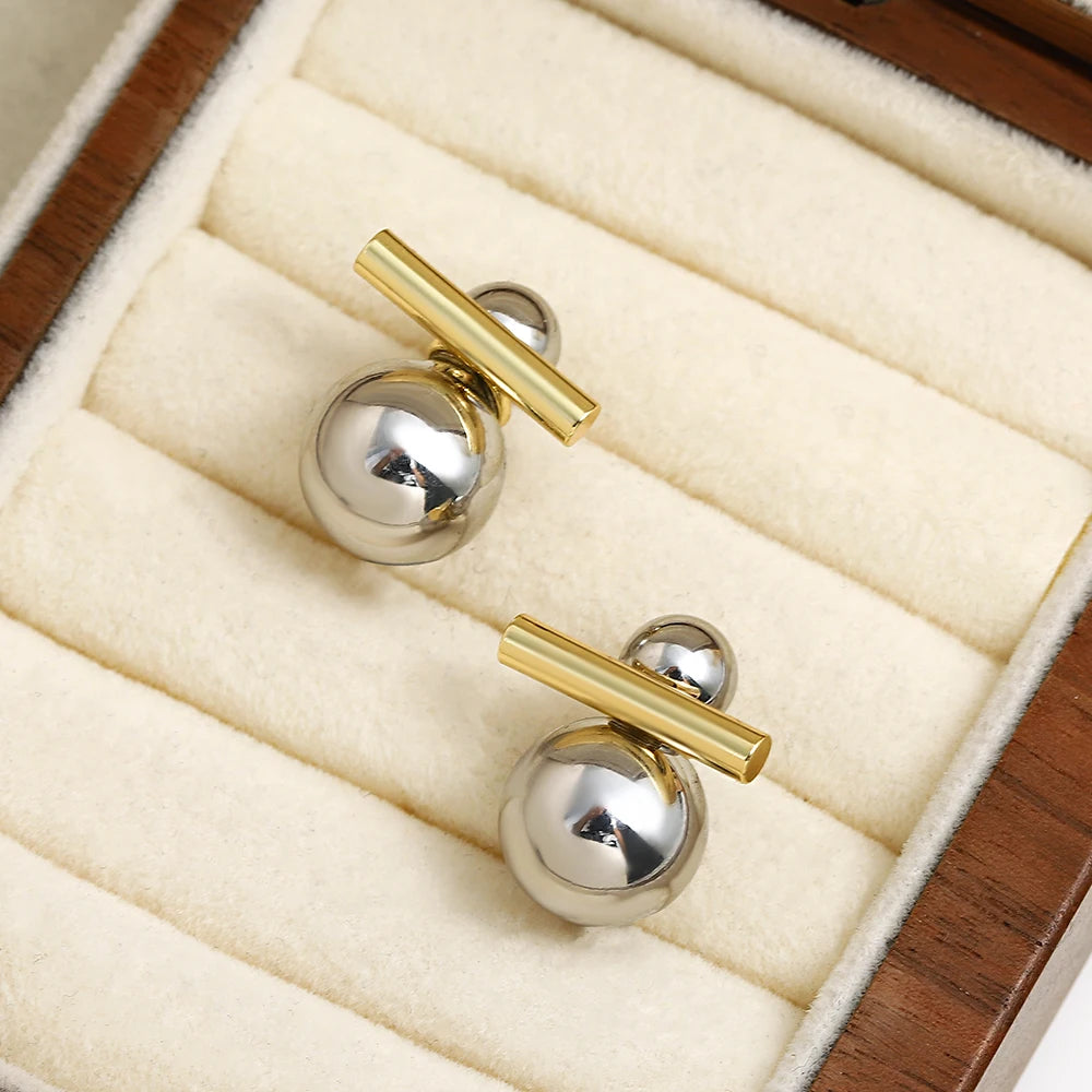 Greatera Trendy Two Tone Double Metal Ball Drop Earrings For Women Gold Silver Color Geometric Statement Earrings Jewelry 2023