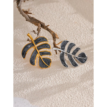 Leafy Enamel Brooch – 18K Gold-Plated Stainless Steel Pin with Pearl