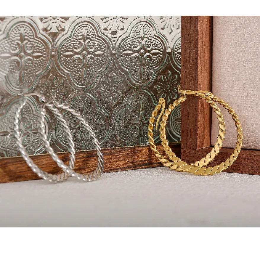 Stainless Steel Twist Golden Big Hoop Earrings Waterproof Metal Unique Trendy Jewelry