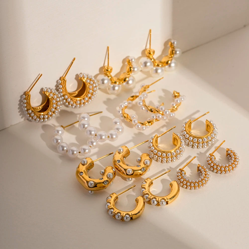 Uworld Exquisite Luxury Stainless Steel  Pearls Beads Hoop Huggie Earrings Romantic Elegant Fashion Charm Trendy Chic Jewelry