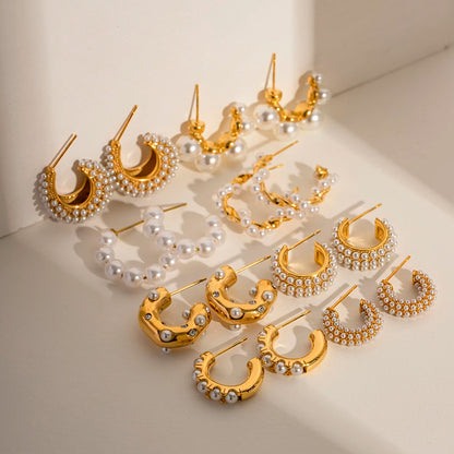 Uworld Exquisite Luxury Stainless Steel  Pearls Beads Hoop Huggie Earrings Romantic Elegant Fashion Charm Trendy Chic Jewelry