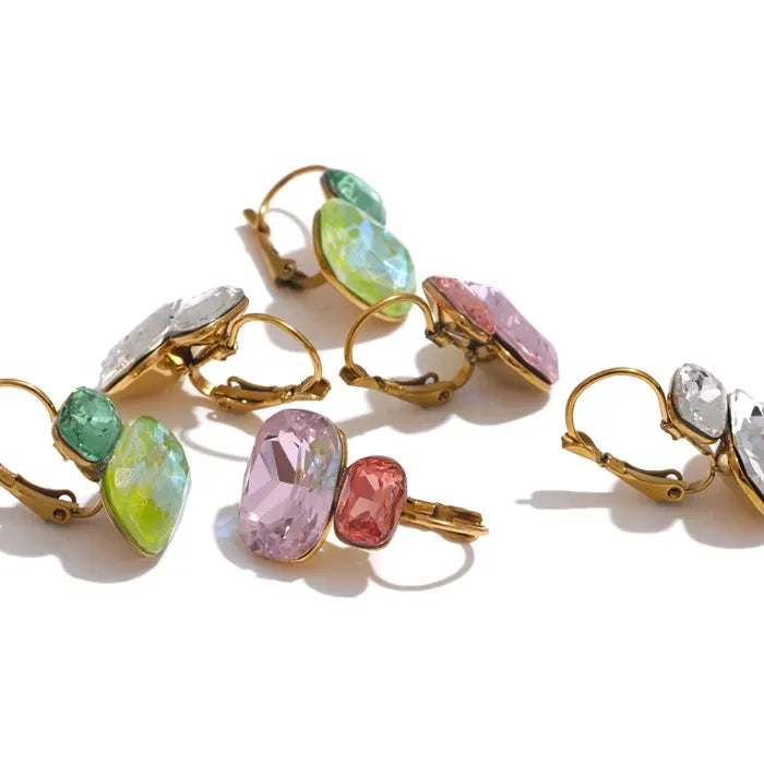 Crystal Stud Earrings French Hoops Trendy White Green Pink Jewelry for Women 18k PVD Plated