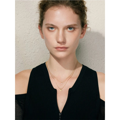 Elegant Double Layer Fishtail Necklace with Zircon Pendant – Gold Plated