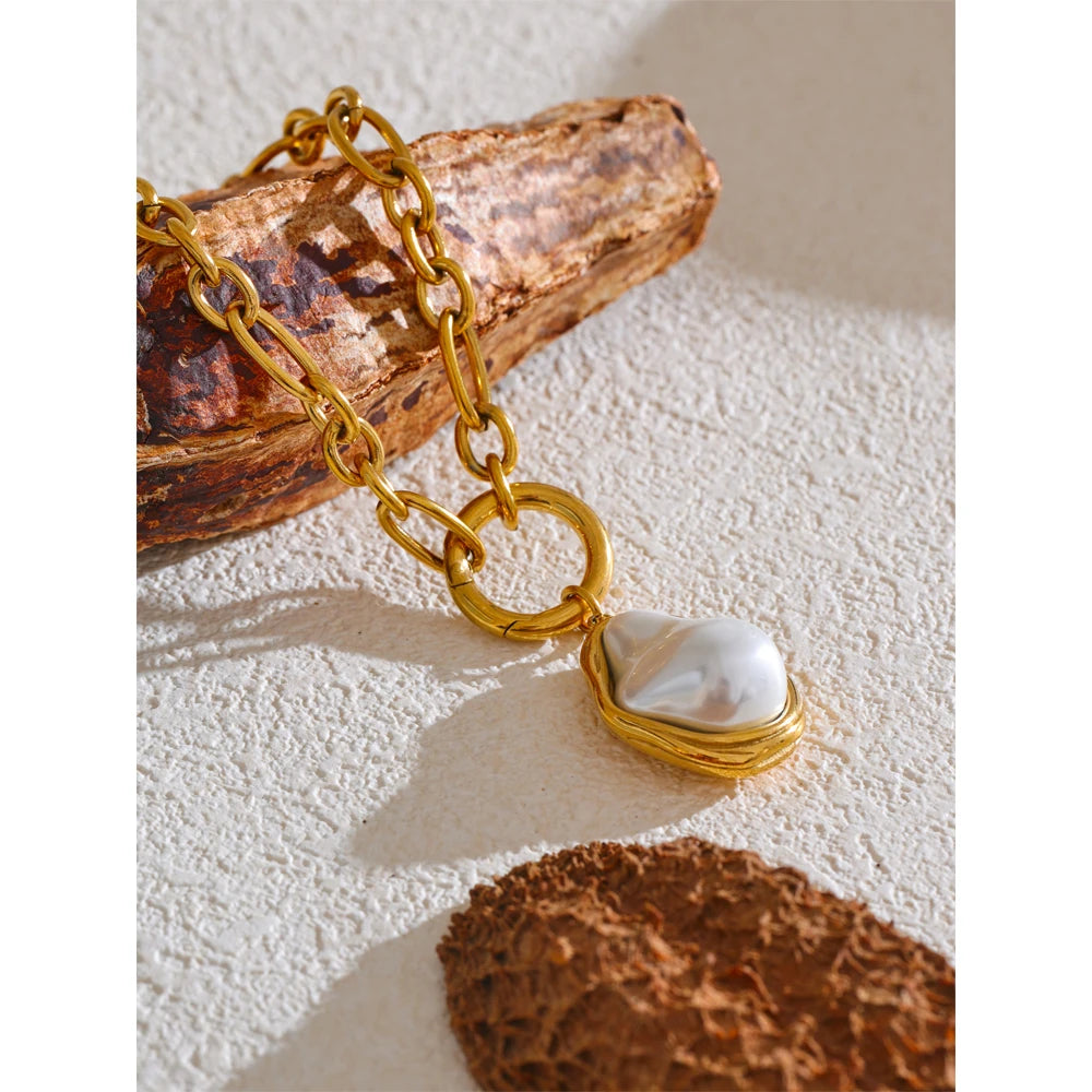 50CM Baroque Pearl Pendant Necklace – Gold Stainless Steel
