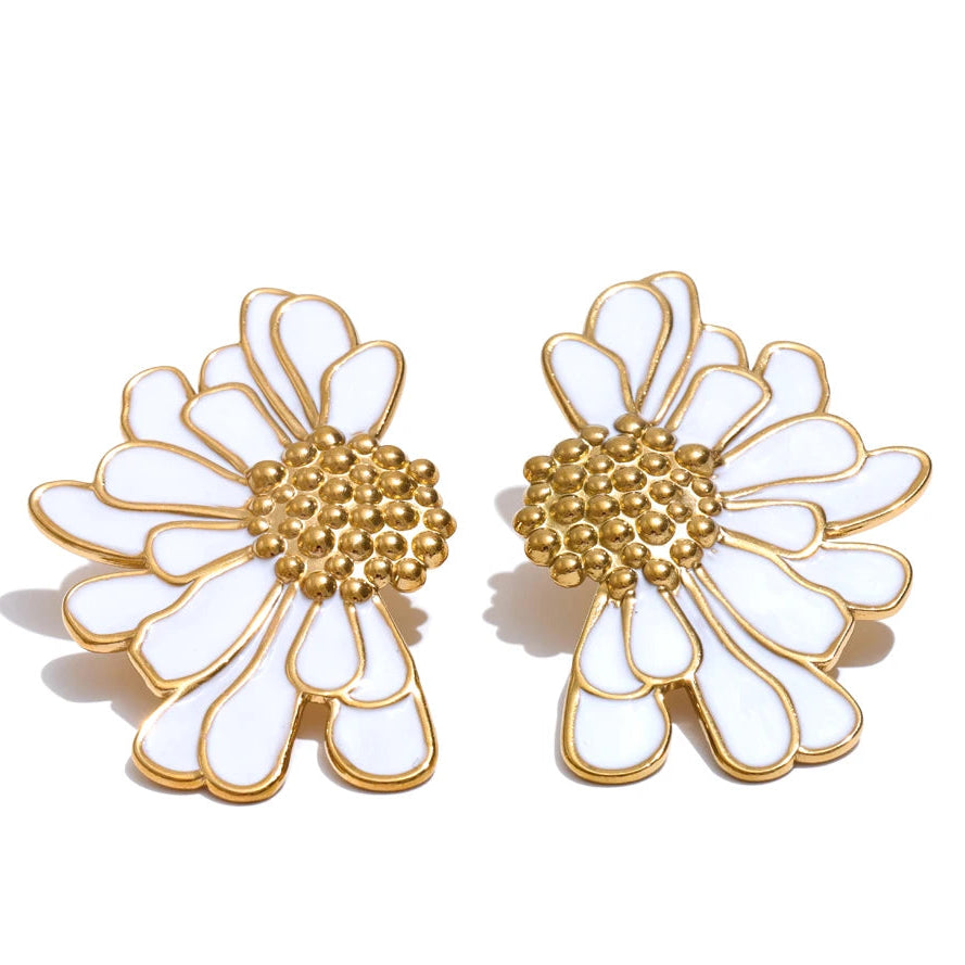 Floral Big White Black Enamel - Fashion Stud Earrings 18K Gold Color PVD Plated Stainless Steel Jewelry