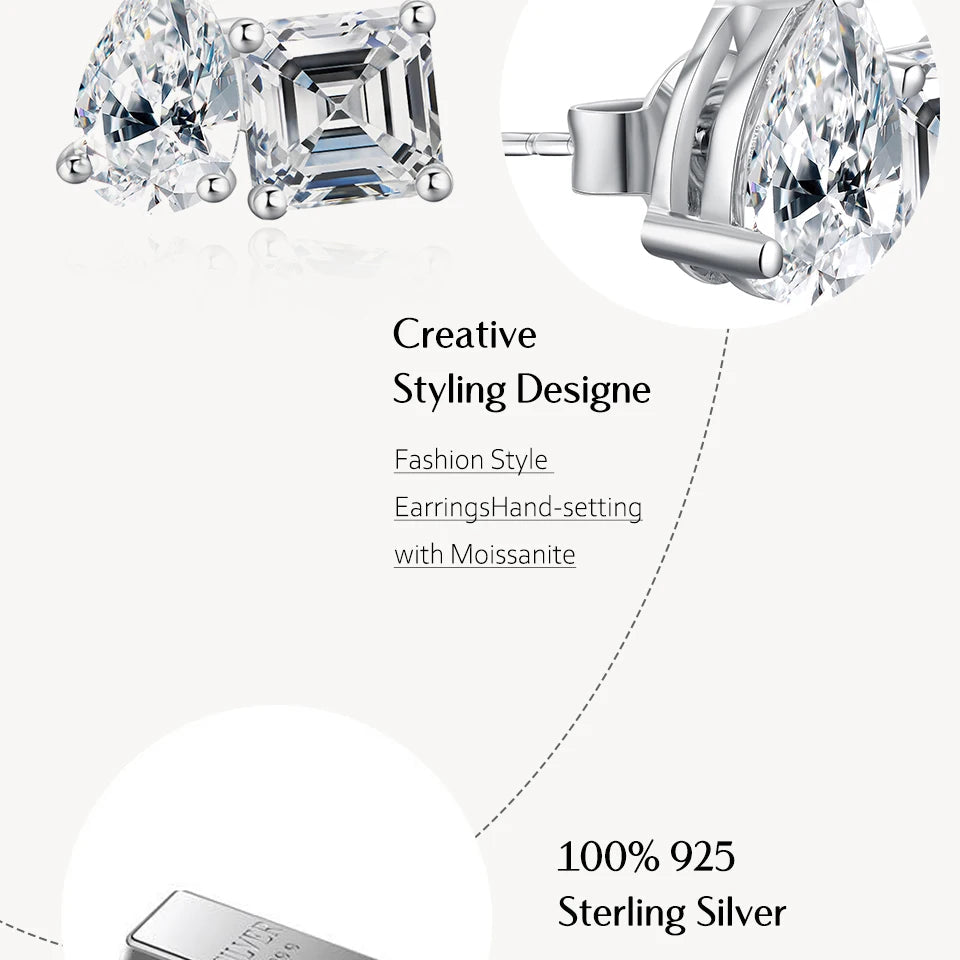 Luxury Moissanite 925 Silver Earrings Pear Asscher Shape Stud Earring for Women 2026 Valentine Day Gift